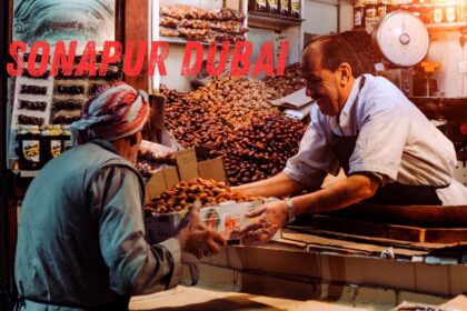 Shopkeeper handing a box of dates to a customer at a local market in Sonapur Dubai