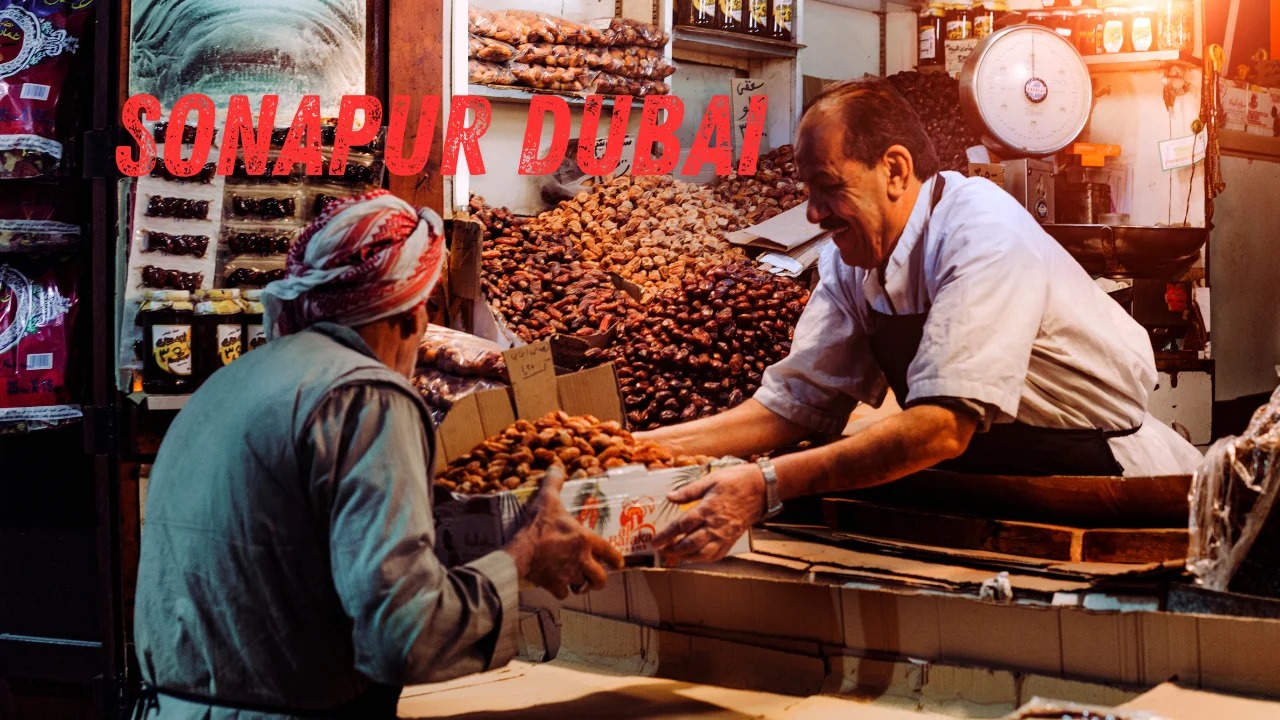 Shopkeeper handing a box of dates to a customer at a local market in Sonapur Dubai