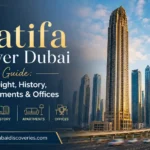 Promotional banner for Latifa Tower Dubai Guide showing Dubai skyline and skyscraper, with text on height, history, apartments & offices.