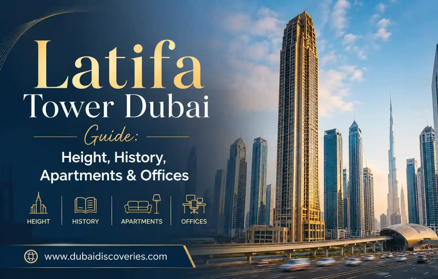 Promotional banner for Latifa Tower Dubai Guide showing Dubai skyline and skyscraper, with text on height, history, apartments & offices.