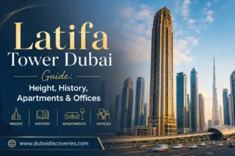 Promotional banner for Latifa Tower Dubai Guide showing Dubai skyline and skyscraper, with text on height, history, apartments & offices.