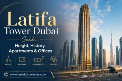 Promotional banner for Latifa Tower Dubai Guide showing Dubai skyline and skyscraper, with text on height, history, apartments & offices.