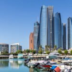 Marsa Al Bateen Marina waterfront view with yachts and restaurants in Abu Dhabi