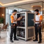Commercial chiller maintenance technician repairing an industrial refrigeration unit in Dubai