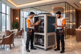 Commercial chiller maintenance technician repairing an industrial refrigeration unit in Dubai