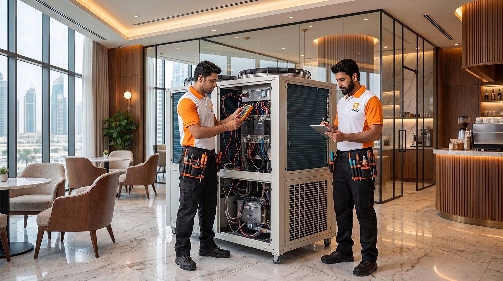 Commercial chiller maintenance technician repairing an industrial refrigeration unit in Dubai